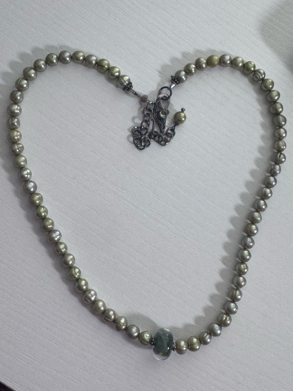 Classic Green Pearl Necklace with Aquamarine Accent